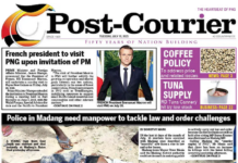 How the PNG Post-Courier today reported the news of President Macron's impending visit