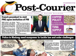 How the PNG Post-Courier today reported the news of President Macron's impending visit