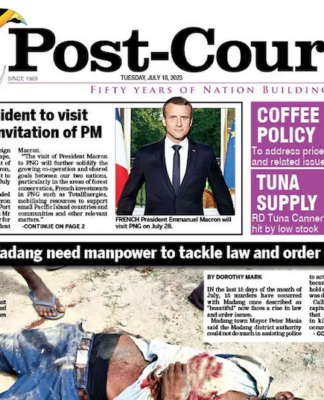 How the PNG Post-Courier today reported the news of President Macron's impending visit