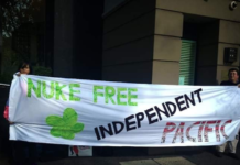 A Nuclear-Free and Independent Pacific Movement (NFIP) banner