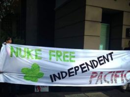 A Nuclear-Free and Independent Pacific Movement (NFIP) banner
