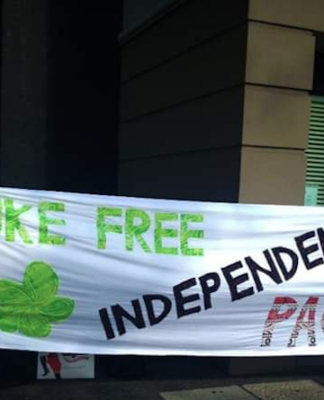 A Nuclear-Free and Independent Pacific Movement (NFIP) banner