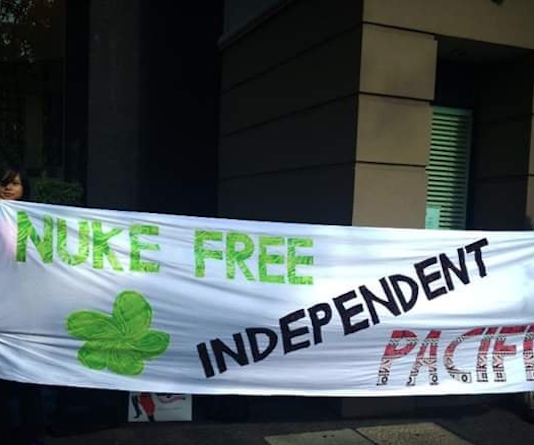 A Nuclear-Free and Independent Pacific Movement (NFIP) banner