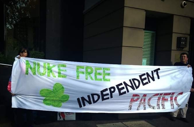 A Nuclear-Free and Independent Pacific Movement (NFIP) banner