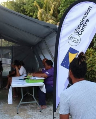 A covid-19 vaccination centre on Nukunonu atoll, Tokelau, in August 2021