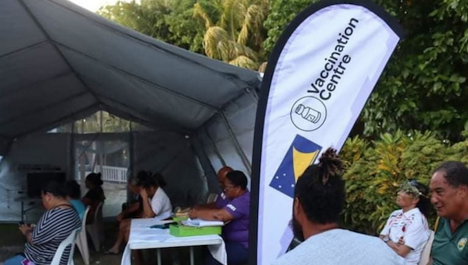 A covid-19 vaccination centre on Nukunonu atoll, Tokelau, in August 2021