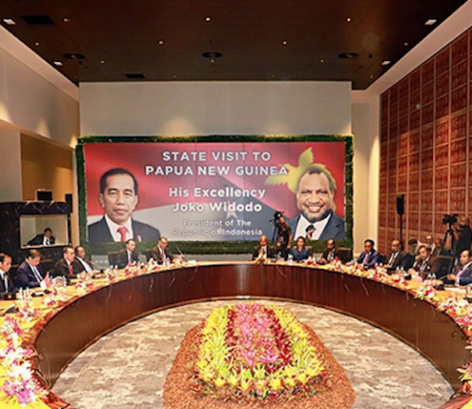 Indonesia's President Joko Widodo (left) and Papua New Guinea Prime Minister James Marape met at APEC Haus