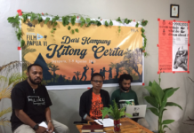 Papua Voices chair Harun Rumbarar, VI Papua Film Festival Committee chair Iren Fatagur, and Markus Wayeni during a media conference at the Papuan Voices secretariat on Monday