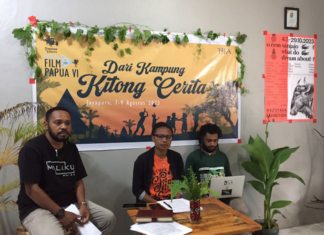 Papua Voices chair Harun Rumbarar, VI Papua Film Festival Committee chair Iren Fatagur, and Markus Wayeni during a media conference at the Papuan Voices secretariat on Monday