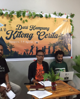 Papua Voices chair Harun Rumbarar, VI Papua Film Festival Committee chair Iren Fatagur, and Markus Wayeni during a media conference at the Papuan Voices secretariat on Monday