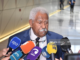 New Caledonia's Assembly President Roch Wamytan talking to news media in Baku