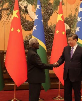 Solomon Islands PM Manasseh Sogavare meeting with Chinese President Xi Jinping . . . under fire for lack of transparency over nine deals