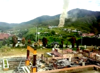Razed office buildings and boarding houses in West Papua's Dogiyai Regency, Central Papua Province, which caught fire on Monday 31 July 2023
