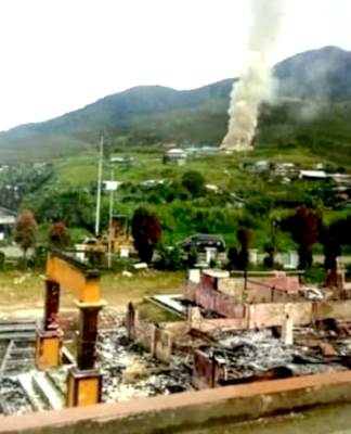 Razed office buildings and boarding houses in West Papua's Dogiyai Regency, Central Papua Province, which caught fire on Monday 31 July 2023