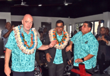 FIFA president Gianni Infantino (from left) with Deputy Prime Minister Professor Biman Prasad and Fiji Football Association president Rajesh Patel