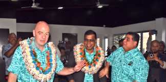 FIFA president Gianni Infantino (from left) with Deputy Prime Minister Professor Biman Prasad and Fiji Football Association president Rajesh Patel