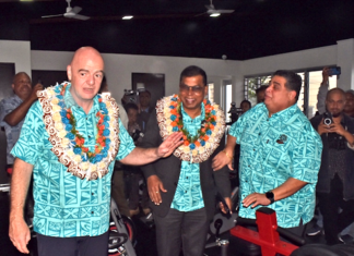 FIFA president Gianni Infantino (from left) with Deputy Prime Minister Professor Biman Prasad and Fiji Football Association president Rajesh Patel