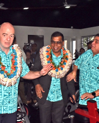FIFA president Gianni Infantino (from left) with Deputy Prime Minister Professor Biman Prasad and Fiji Football Association president Rajesh Patel