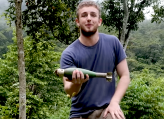 Filmmaker Kristo Langker nervously introduces his documentary with one of the Indonesian attack bombs that failed to explode