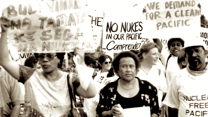 Meraia Taufa Vakatale (centre) at an anti-nuclear protest march