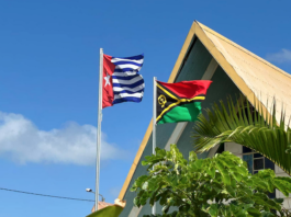 Flying high . . . the Morning Star ensign -- banned in Indonesia -- flying alongside the Vanuatu national flag in Port Vila
