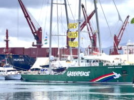 The Greenpeace flagship Rainbow Warrior berthed in Suva harbour in Fiji