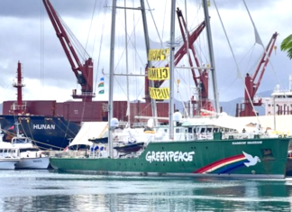 The Greenpeace flagship Rainbow Warrior berthed in Suva harbour in Fiji