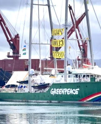 The Greenpeace flagship Rainbow Warrior berthed in Suva harbour in Fiji