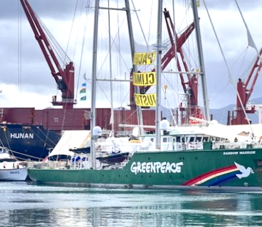 The Greenpeace flagship Rainbow Warrior berthed in Suva harbour in Fiji