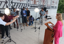 Dr Samantha Power giving a media conference after her speech at USP in Fiji