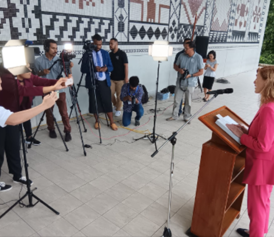 Dr Samantha Power giving a media conference after her speech at USP in Fiji
