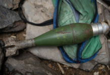 An M72 mortar shell fired by Indonesian forces and recovered by villagers