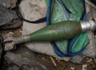 An M72 mortar shell fired by Indonesian forces and recovered by villagers