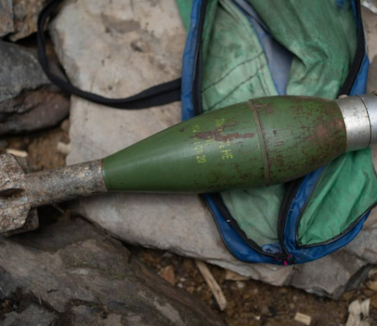 An M72 mortar shell fired by Indonesian forces and recovered by villagers