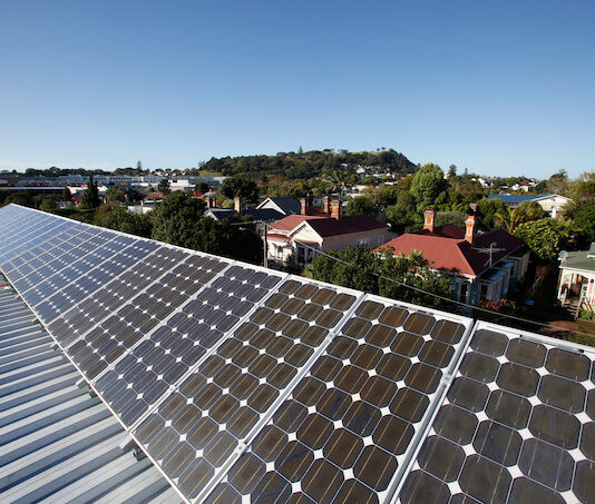 Solar panels on the rooftop of the Greenpeace Aotearoa office
