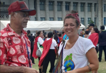 Retired academic Professor Vijay Naidu and Fonu Emberson-Bain -- wearing the Fiji Anti-Nuclear Group (FANG) tee-shirt