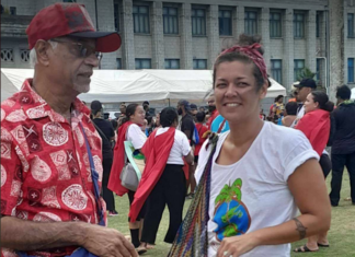 Retired academic Professor Vijay Naidu and Fonu Emberson-Bain -- wearing the Fiji Anti-Nuclear Group (FANG) tee-shirt