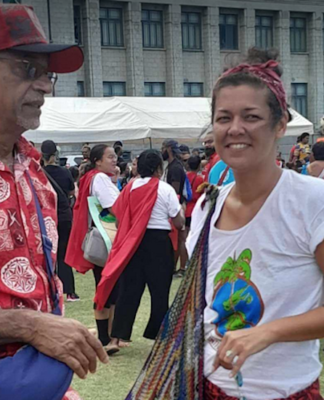 Rabuka’s nuclear wastewater discharge stance splits Fiji coalition opinion Retired academic Professor Vijay Naidu and Fonu Emberson-Bain -- wearing the Fiji Anti-Nuclear Group (FANG) tee-shirt