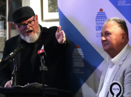 MC Martyn "Bomber" Bradbury (left) opens the Taxpayers' Union Northland election debate at Kerikeri