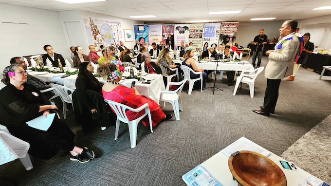 Fiji's Dr Prasad speaking at the Fiji Centre in Auckland last night 