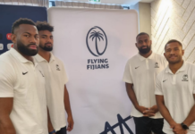 Flying Fijians players at the team announcement in Bordeaux