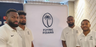 Flying Fijians players at the team announcement in Bordeaux