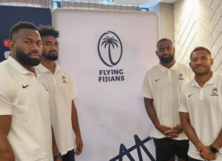 Flying Fijians players at the team announcement in Bordeaux
