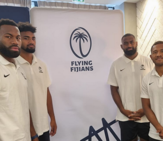 Flying Fijians players at the team announcement in Bordeaux