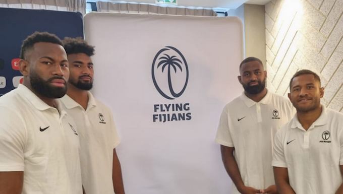 Flying Fijians players at the team announcement in Bordeaux