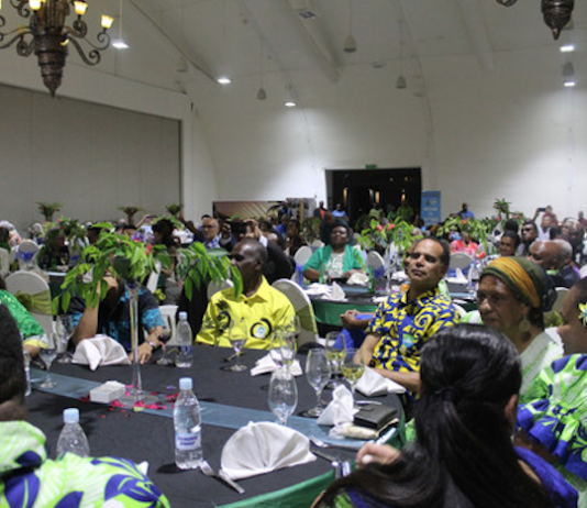 Melanesian Spearhead Group leaders' summit participants and journalists attend the closing ceremony in Port Vila