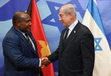 PNG Prime Minister James Marape (left) greets Israeli Prime Minister Benjamin Netanyahu in Jerusalem