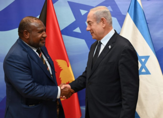 PNG Prime Minister James Marape (left) greets Israeli Prime Minister Benjamin Netanyahu in Jerusalem