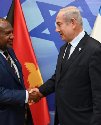 PNG Prime Minister James Marape (left) greets Israeli Prime Minister Benjamin Netanyahu in Jerusalem