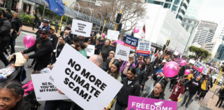 Protesters march to Parliament today in a demonstration organised by a diverse range of New Zealand groups